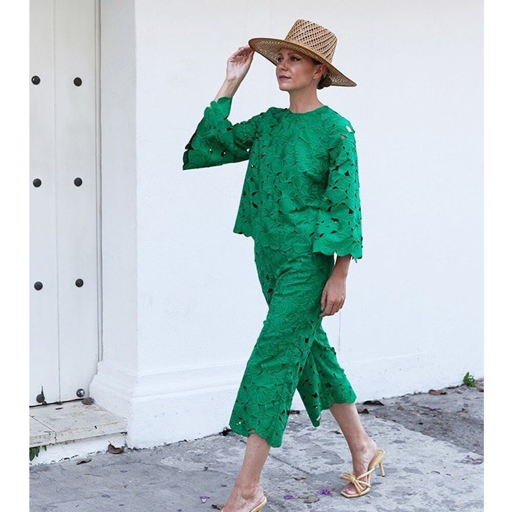 Tuckernuck x Atlantic-Pacific Mia Blouse Ava Pants Set Emerald Lace Limited Ed M